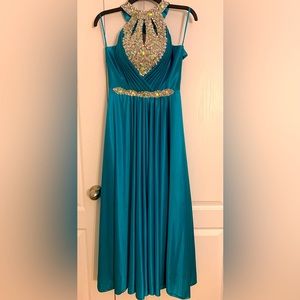 Long formal blue with gem accent gown